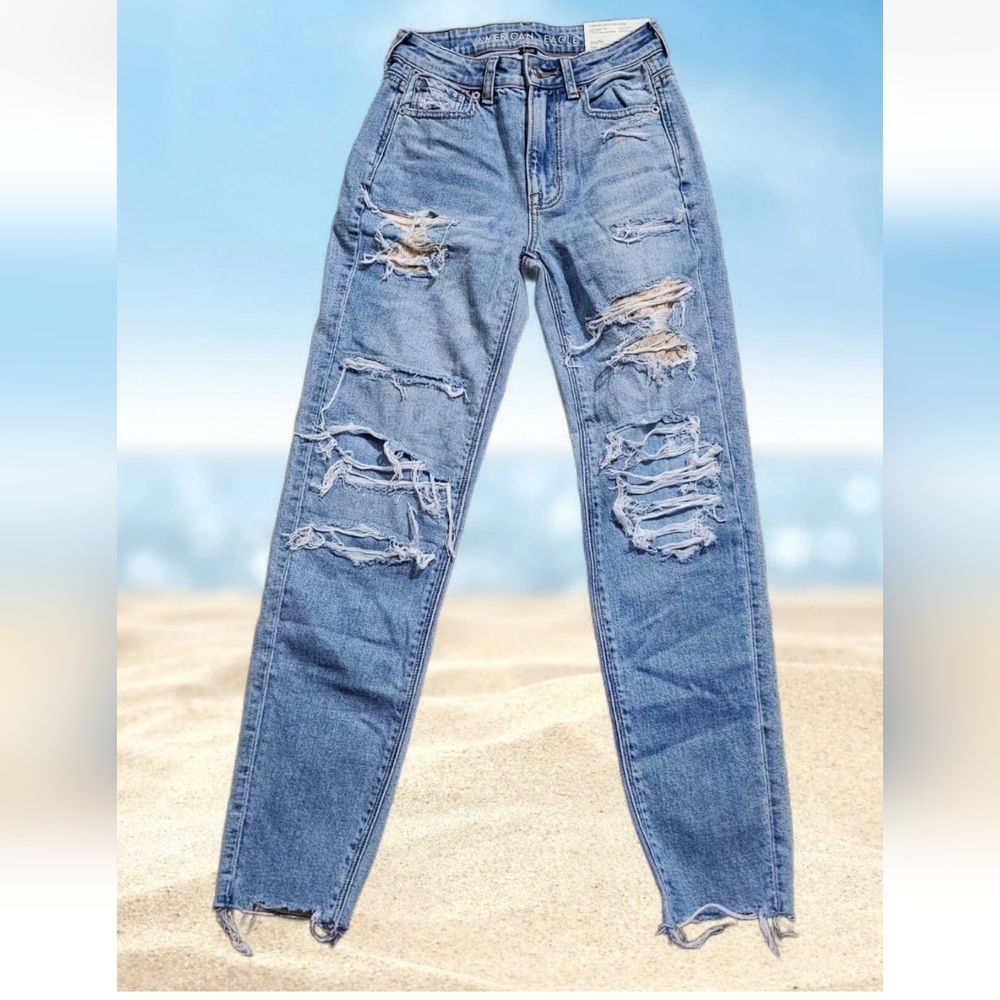 American Eagle Jeans NWT Y2k Vtg Trashed Womens 6 Blue Ripped Preppy Boho